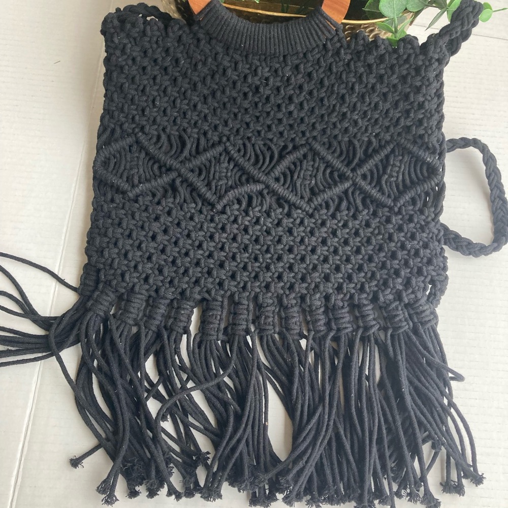 Danielle Nicole Black Macram Fringe Crossbody Han… - image 8